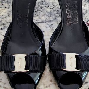 Salvatore Ferragamo Black Patent Leather Kitten Heels with Open Back Size 5 1/2
